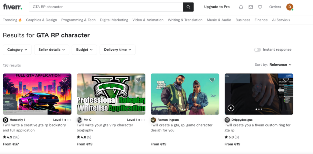 Пример заказов на fiverr